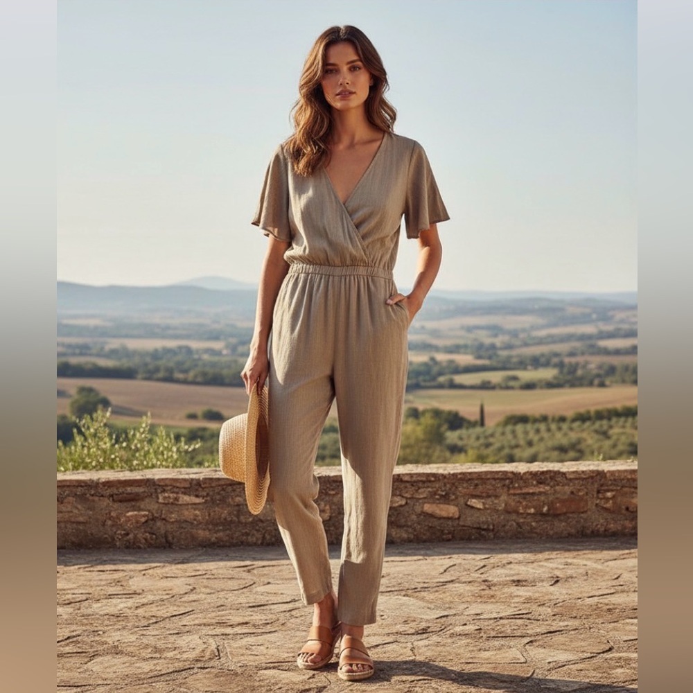 The Good Jane Linen Blend Short Sleeve Elastic Jumpsuit with Pockets Size Large